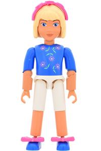 Belville Female - Female Belville figure in white shorts and a blue shirt with flower pattern, light yellow hair, headband, and bows - belvfem35a