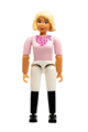 Female Belville figure in white shorts, black boots style, pink shirt with dark pink pattern, light yellow hair, and a helmet - belvfem36a