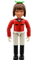 Female Belville horse rider with white shorts, red shirt, brown hair, and a bow - belvfem37a