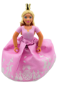 Princess in Belville theme with yellow hair wearing a pink top, dark pink shoes, pink skirt, and a crown - belvfem39a