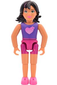 Belville Female - Female Belville minifigure wearing magenta shorts, a dark purple top with hearts, and dark brown hair with dark pink streaks - belvfem43