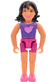 Female Belville minifigure wearing magenta shorts, a dark purple top with hearts, and dark brown hair with dark pink streaks - belvfem43