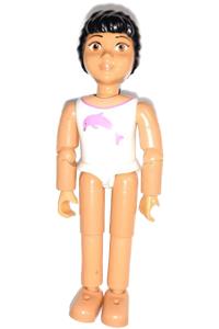 Belville Female - Female Belville figure wearing a white swimsuit with dark pink dolphin pattern, black hair, skirt, and bow - belvfem46a