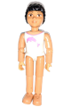 Female Belville figure wearing a white swimsuit with dark pink dolphin pattern, black hair, skirt, and bow - belvfem46a