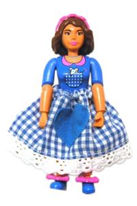 Belville Female - Female Belville figure with brown hair wearing a blue top with a check pattern pocket, skirt, and headband - belvfem47a