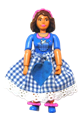 Female Belville figure with brown hair wearing a blue top with a check pattern pocket, skirt, and headband - belvfem47a