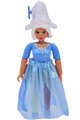 Belville Stella figure with white hair, wearing a medium blue top with silver stars, long skirt, and a hat with a flower - belvfem49a