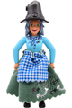 Female Belville Sky with blue top with scarf and spider pattern, magenta legs, sand blue hair, dark green skirt, and black witch hat - belvfem54a