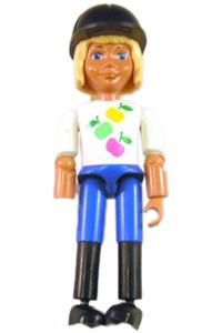 Belville Horse Rider - Female Belville figure horse rider in blue shorts, white shirt with apples pattern, light yellow hair, and riding hat - belvfem59a