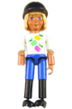 Female Belville figure horse rider in blue shorts, white shirt with apples pattern, light yellow hair, and riding hat - belvfem59a