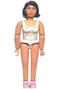 Belville Female Swimmer - Female Belville figure wearing a white swimsuit with shells and starfish pattern, black hair, pink shoes, and a hat with a bow - belvfem61a