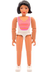 Belville Mother - Female Belville figure in a white swimsuit with dark pink and light orange stripes, short black hair, white shoes, skirt, wide-brim hat, and bows - belvfem67a