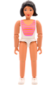 Female Belville figure in a white swimsuit with dark pink and light orange stripes, short black hair, white shoes, skirt, wide-brim hat, and bows - belvfem67a