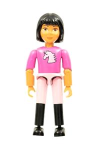 Belville Female Rider - Female Belville figure with black hair, wearing dark pink horse head top, pink shorts, black boots, and a helmet - belvfem68a
