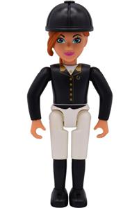Cecilia Belville Horse Rider Alternate - Female Belville horse rider with white shorts, black shirt with gold buttons and collar, black boots, dark orange ponytail, and riding hat - belvfem78a