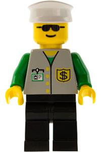 Bank Worker Minifigure - Bank worker with black legs wearing a white hat and sunglasses - bnk003