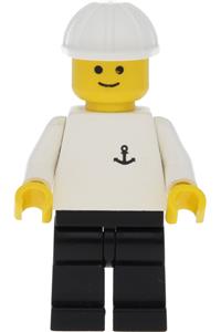Boat Worker Minifigure - Minifigure with white construction helmet, torso featuring an anchor, and black legs - boat003