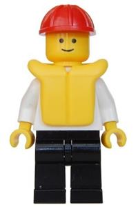 Boat Worker Minifigure - A boat worker with a torso featuring an anchor, wearing black legs, a red construction helmet, and a life jacket - boat005