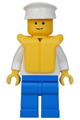Minifigure with a torso having an anchor design, blue legs, white construction helmet, and a life jacket - boat006