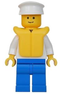 Boat Worker Minifigure - Minifigure with boat worker torso featuring an anchor, white hat, life jacket, and blue legs - boat007