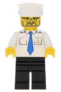 Boat Captain Minifigure - A boat captain with a white hat, blue tie, and an anchor on the pocket - boat009