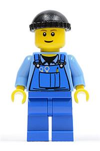 Boat Worker Minifigure - Minifigure wearing blue overalls with tools in pocket and a black knit cap - boat010