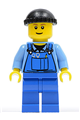 Minifigure wearing blue overalls with tools in pocket and a black knit cap - boat010