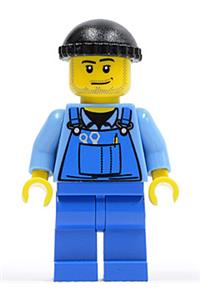Boat Worker Minifigure - Minifigure with blue overalls featuring tools in pocket, wearing a black knit cap, with a smirk and stubble beard - boat011