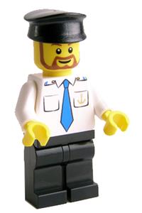 Boat Captain Minifigure - Boat captain with a black hat, brown rounded beard, blue tie with anchor on pocket - boat012