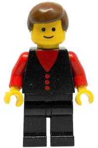 Male with button shirt Minifigure - Minifigure with a red shirt with 3 buttons, red arms, black legs, and brown male hair - but002