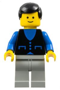 Male Airline Passenger Minifigure - Male passenger wearing a blue shirt with 3 buttons, light gray legs, and black male hair - but003