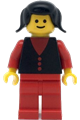 Minifigure with a red shirt with 3 buttons, red arms and legs, and black pigtails hair - but004