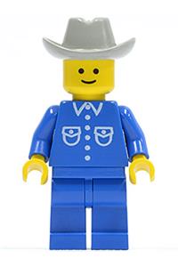Maersk Truck Driver Minifigure - Minifigure with a blue shirt featuring 6 buttons, blue legs, and a light gray cowboy hat - but006