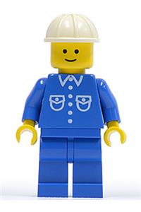 Construction Worker Minifigure - Minifigure wearing blue shirt with 6 buttons, blue legs, and a white construction helmet - but008