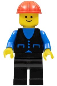 Male Construction Worker Minifigure - Minifigure wearing a blue shirt with 3 buttons, black legs, and a red construction helmet - but010
