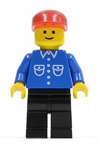 Male with button shirt Minifigure - Minifigure with a blue shirt with 6 buttons, black legs, and a red cap - but012