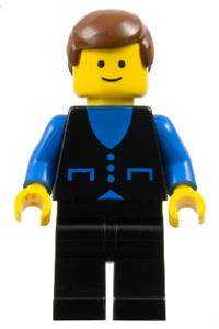 Male with button shirt Minifigure - Minifigure with blue shirt with 3 buttons, black legs, and brown male hair - but013