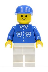Male with button shirt Minifigure - Minifigure wearing a blue shirt with 6 buttons, white legs, and a blue cap - but014