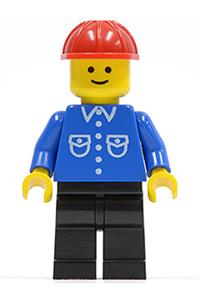 Construction Worker Minifigure - Minifigure with a blue shirt with 6 buttons, black legs, and a red construction helmet - but015