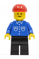 Minifigure with a blue shirt with 6 buttons, black legs, and a red construction helmet - but015