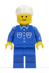 Male with button shirt Minifigure - Minifigure wearing a blue shirt with 6 buttons, blue legs, and a white cap - but016