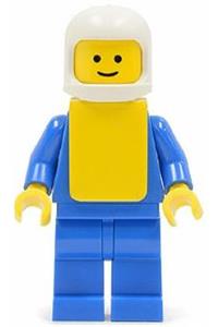 Helicopter Pilot Minifigure - Minifigure wearing a blue shirt with 6 buttons, yellow vest, white classic helmet, and blue legs - but018