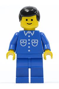 Male with button shirt Minifigure - Minifigure with a blue shirt with 6 buttons, blue legs, and black male hair - but019