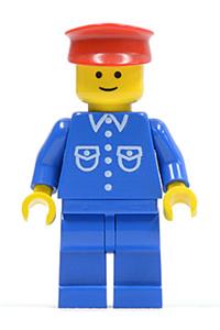 Male with button shirt Minifigure - Minifigure with a blue shirt with 6 buttons, blue legs, and a red hat - but020