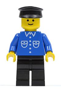 Male with button shirt Minifigure - Minifigure wearing a blue shirt with 6 buttons, black legs, and a black hat - but021