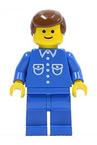 Male with button shirt Minifigure - Minifigure with a blue shirt with 6 buttons, blue legs, and brown male hair - but022