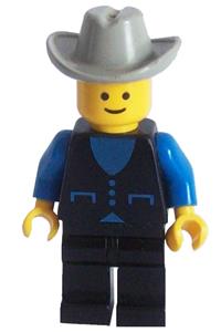 Male Passenger Minifigure - Minifigure with a blue shirt with 3 buttons, black legs, and a light gray cowboy hat - but023