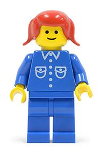 Female with button shirt Minifigure - Minifigure wearing a blue shirt with 6 buttons, blue legs, and red hair in pigtails - but024