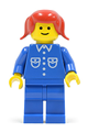 Minifigure wearing a blue shirt with 6 buttons, blue legs, and red hair in pigtails - but024