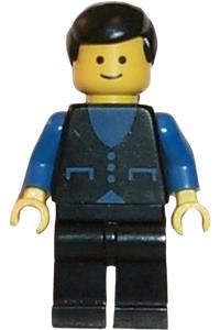 Male with button shirt Minifigure - Minifigure with black male hair, wearing a blue shirt with 3 buttons, and black legs - but025